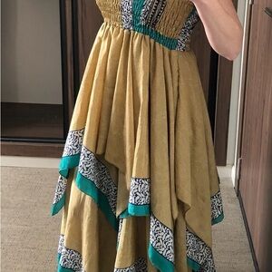 Yellow and Teal Strapless Dress